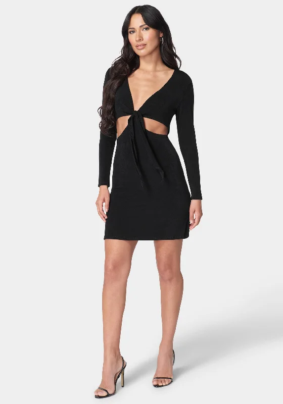 Long Sleeve Tie Front Slinky Dress