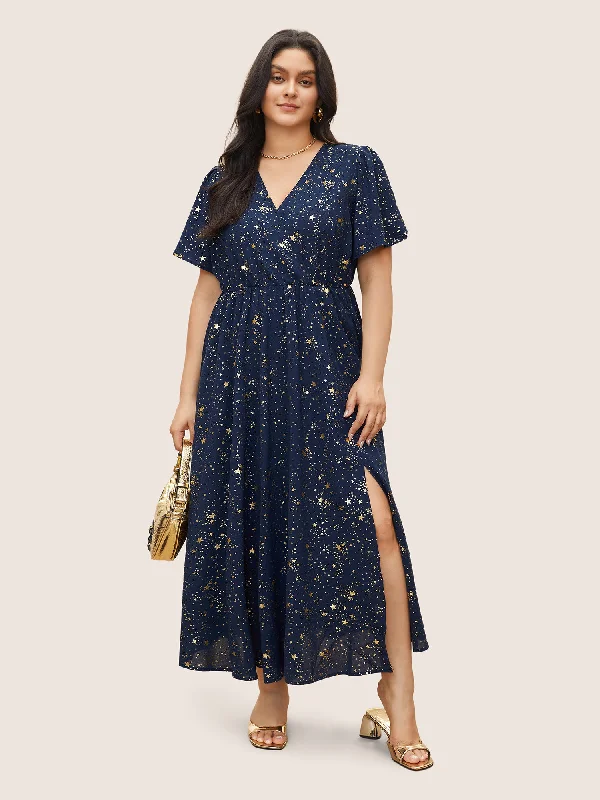 Bloom Dress - Star Button Pocket Wrap Split Ruffles Maxi Dress