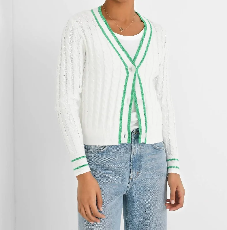 Cable Varsity Cardigan In White/clover