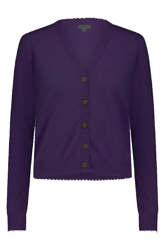 Fine Cotton Cashmere Frayed Edge Cardigan In Loganberry