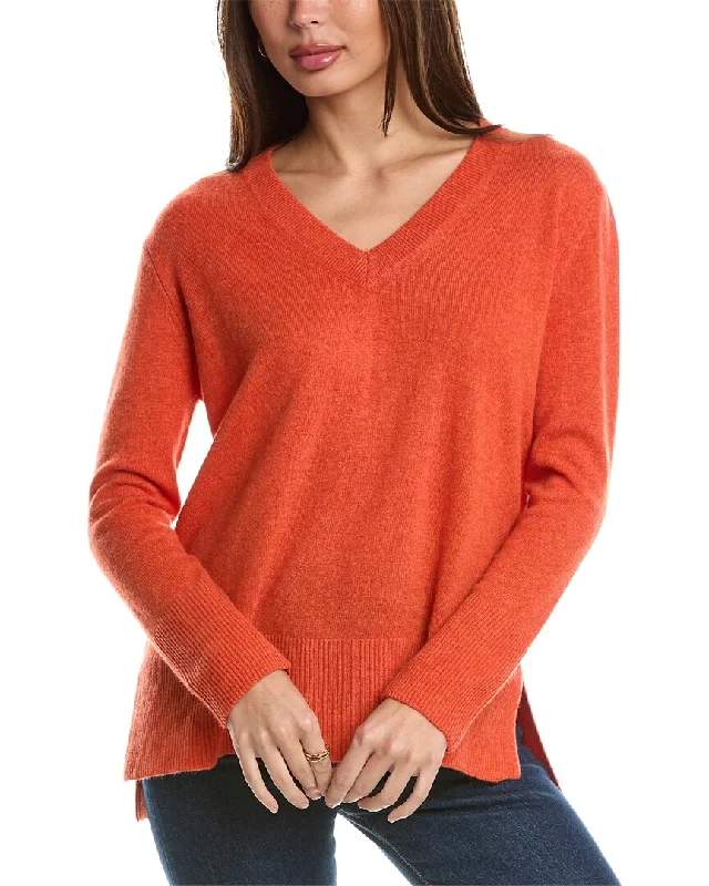 Forte Cashmere High-Low Seamed V-Neck Cashmere Sweater