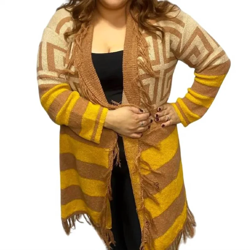 Geometric Fringed Open Front Cardigan In Yellow