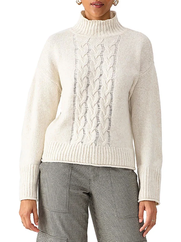 Womens Cable Knit Ribbed Trim Mock Turtleneck Sweater