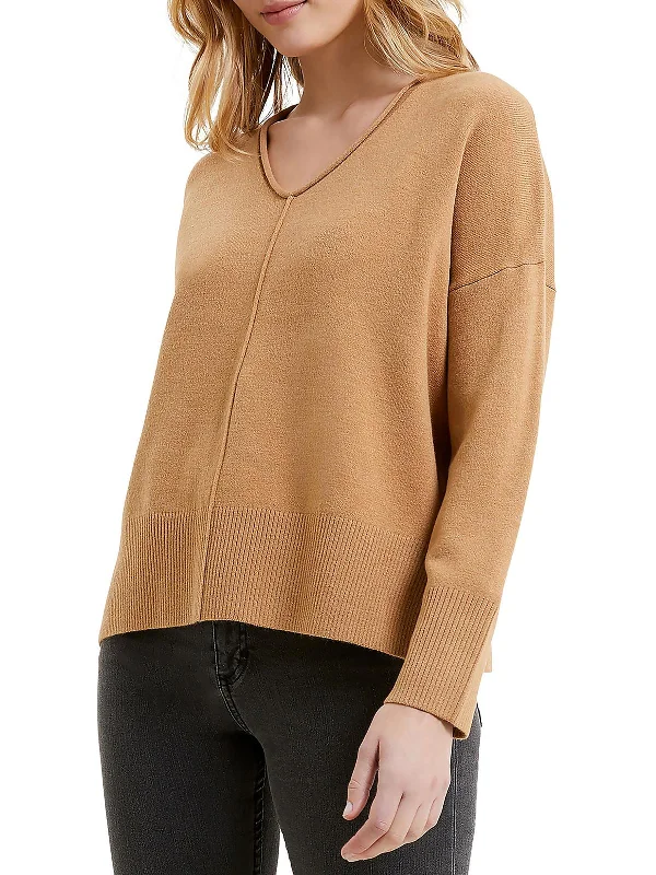 Womens V-Neck Ribbed Trim Pullover Sweater