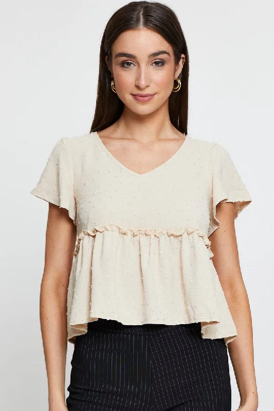 Beige Peplum Top Short Sleeve Button Front