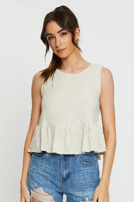 Beige Peplum Top Sleeveless Ruffle