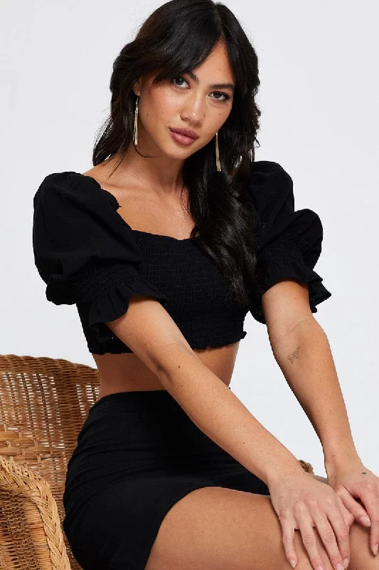 Black Crop Top Short Sleeve Round Neck