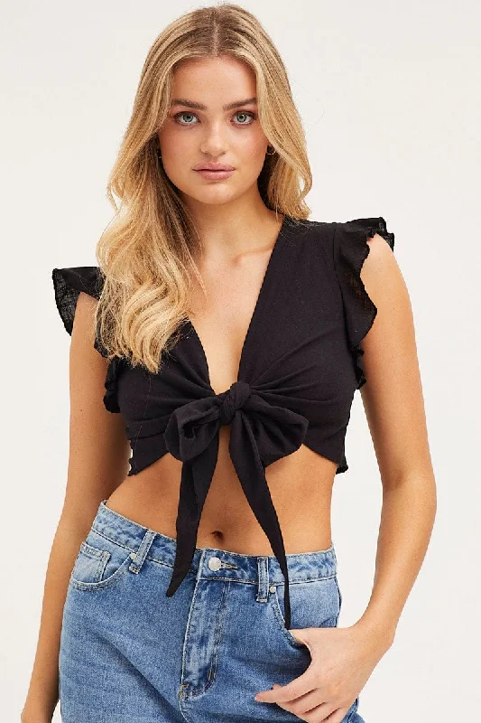 Black Crop Top Short Sleeve Tie Front