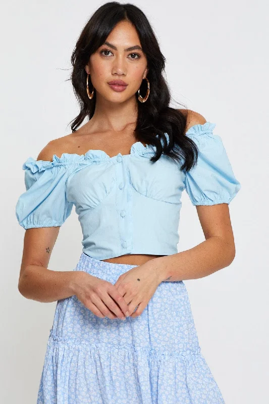 Blue Crop Top Short Sleeve Sweetheart Button Front