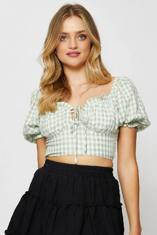 Check Crop Top Short Sleeve Tie Up