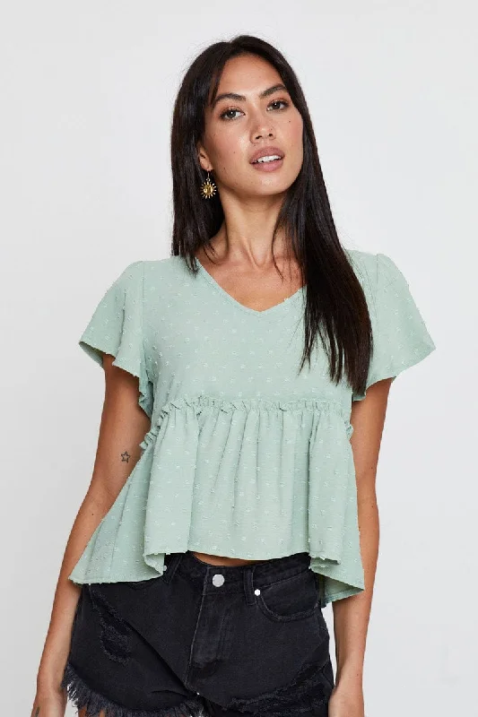 Green Peplum Top Short Sleeve Button Front