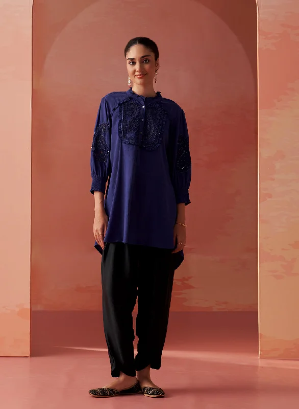 Saba Indigo Cotton Linen Embroidered Top for Women