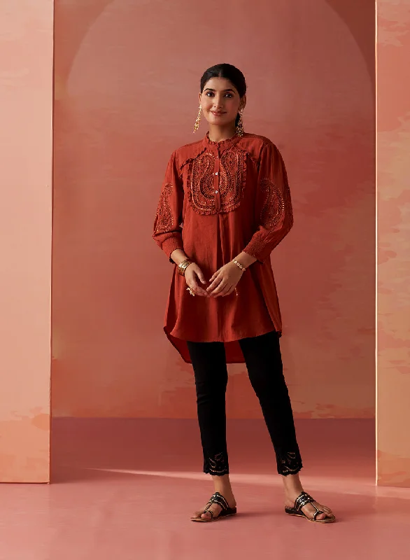 Saba Rust Cotton Linen Embroidered Top for Women