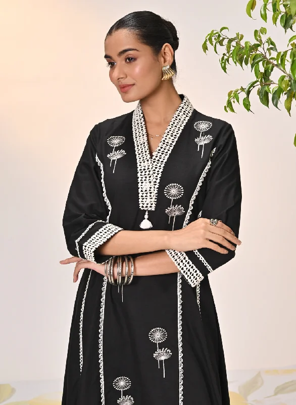 Zainab Black Embroidered Cotton Linen Indo-western Dress for Women