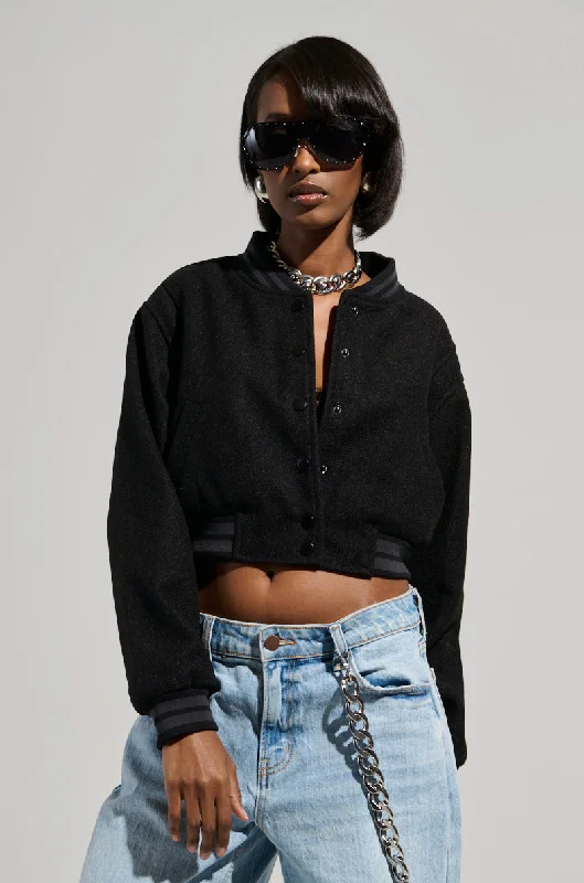 AZALEA WANG EVERYDAY CROPPED VARSITY BOMBER IN BLACK