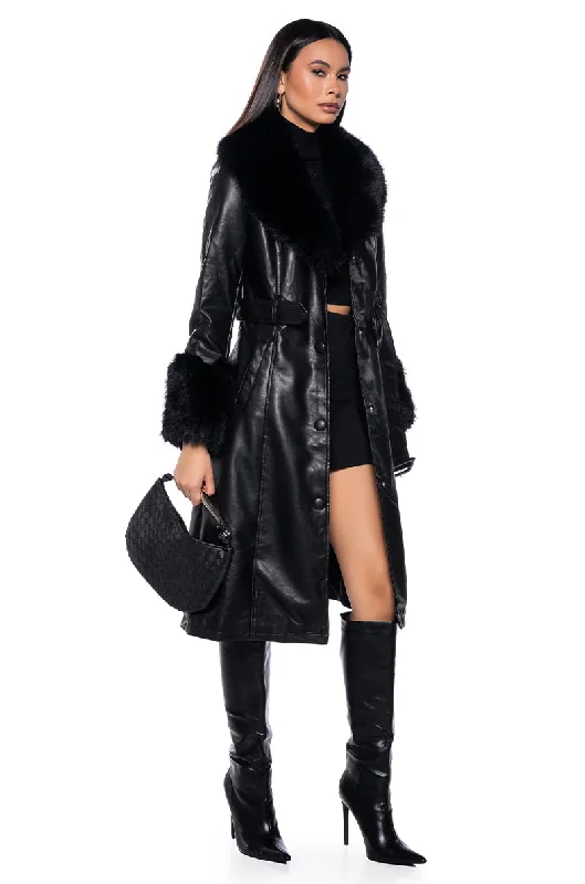 AZALEA WANG EASY RIDER PLEATHER ZIP UP  FUR TRENCH IN BLACK