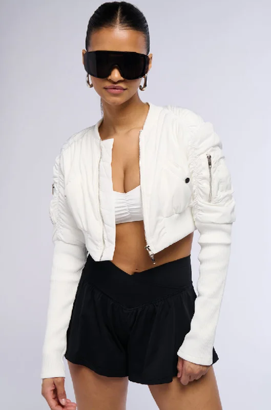 BABBS RIBBED SLEEVE BOMBER JACKET IN WHITE