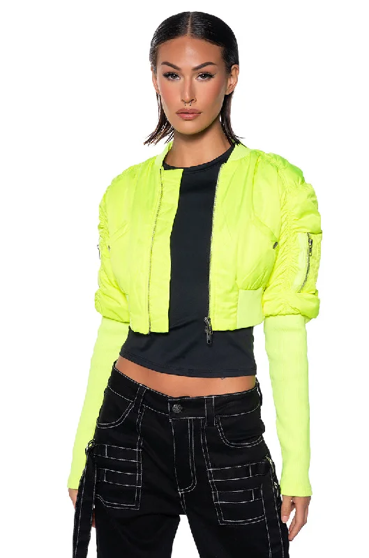 BABBS SKINNY ARM BOMBER JACKET IN NEON YELLOW