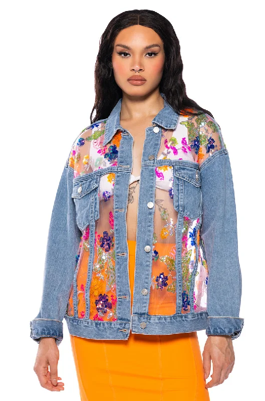 MERCER FLORAL SHEER DENIM JACKET